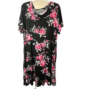 Nemido Women's Dress Size 26 Black Pink Floral Midi Short Sleeve Round Neck Pock